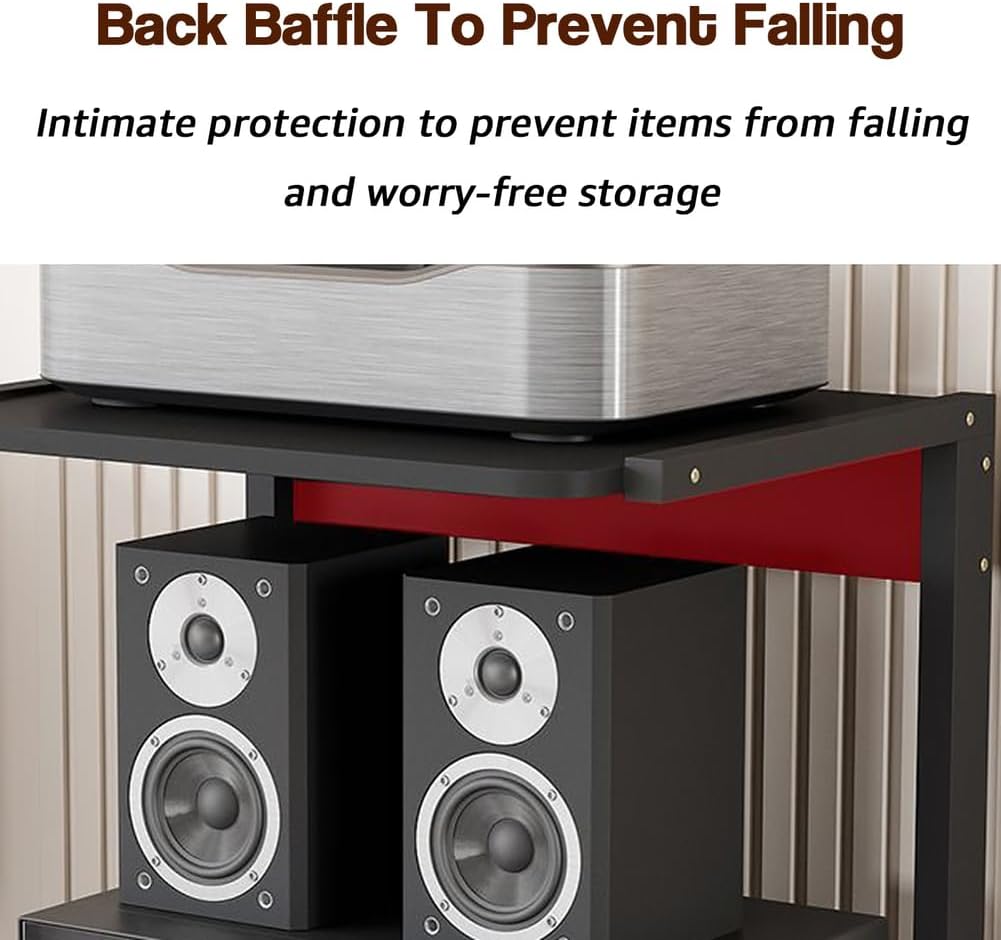 AV Media Stand 3-Tier Movable Record Player DVD CD Audio Rack Tower Holder, Adjustable Media Storage Cabinet, Equipment Console Shelf for Home Office Theater,Black,H27.4in/69.5cm