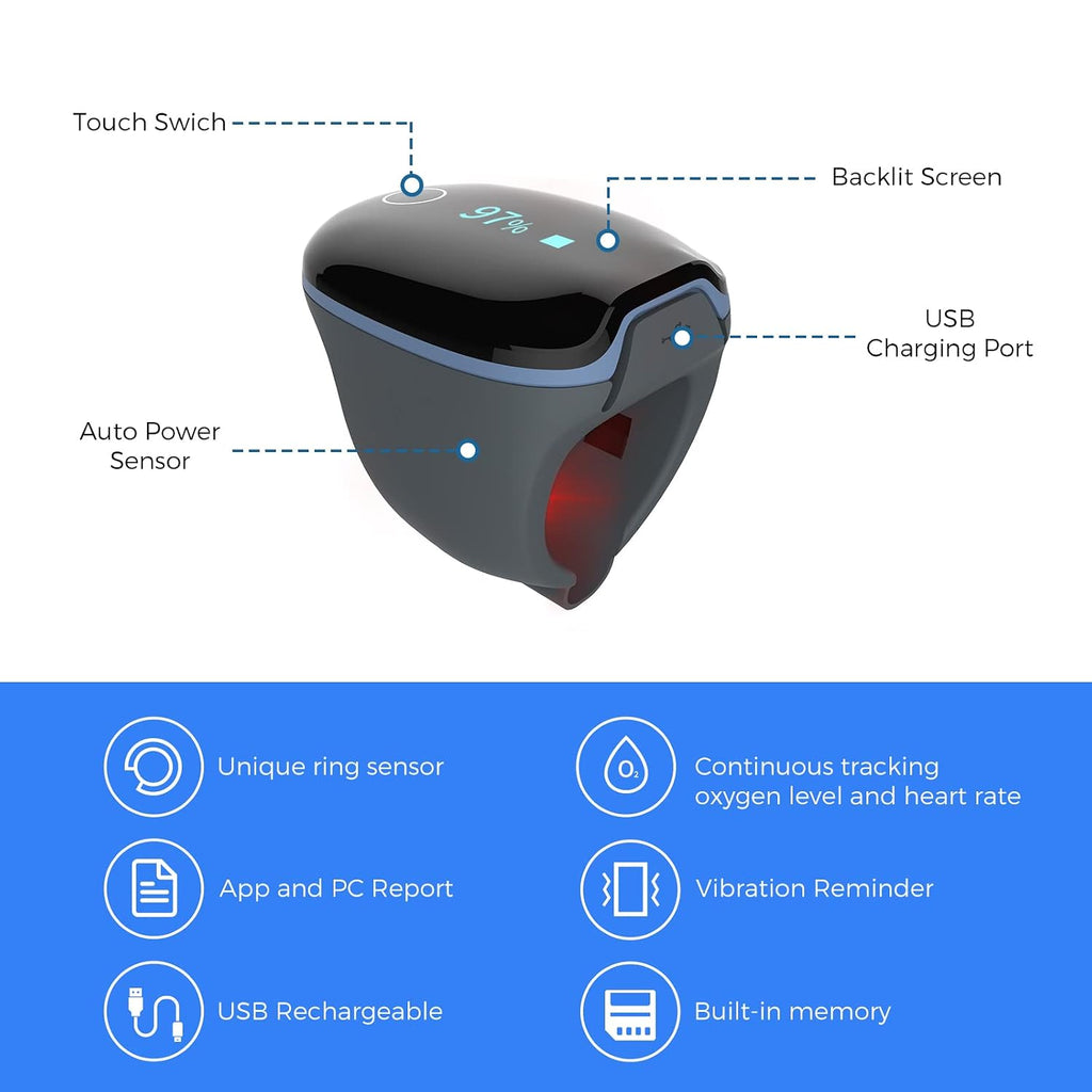 Wellue O2Ring Pulse Oximter, Bluetooth SPO2 Blood Oxygen Saturation Monitor - Wearable O2 Ring Sensor with Vibration Reminder, Free APP & PC Report, Rechargeable
