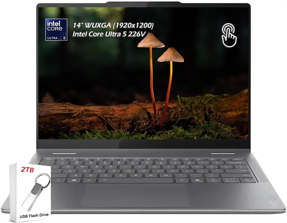 Lenovo Yoga 7i 2-in-1 Laptop with Intel Core Ultra 5 226V, 14' WUXGA OLED 100% DCI-P3 Touch Display, 16GB LPDDR5x RAM 512GB SSD, Wi-Fi 7, FP Reader, Win11, Luna Grey, w/2TB USB Drive, W/GaLiMu