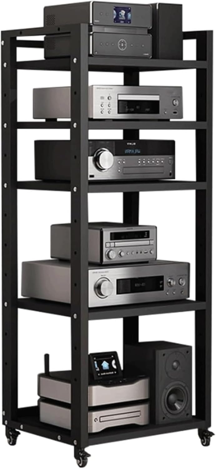 Audio Rack Movable Stereo Rack Adjustable Audio Equipment Rack Audio Open AV Stand Wooden with Wheels HiFi Rack Audio-Video Shelving(Nero,5 Tier)