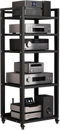 Audio Rack Movable Stereo Rack Adjustable Audio Equipment Rack Audio Open AV Stand Wooden with Wheels HiFi Rack Audio-Video Shelving(Nero,5 Tier)