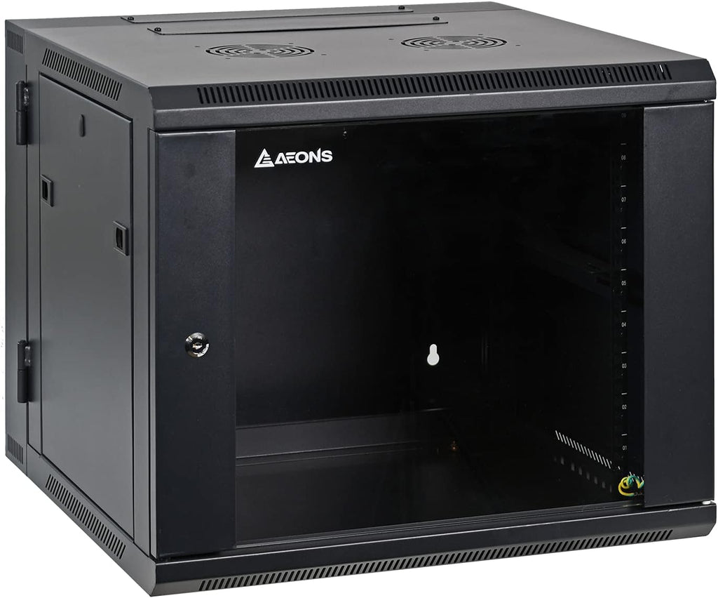 AEONS 9U Professional Wall Mount Server Cabinet Enclosure Double Section Hinged Swing Out 19-Inch Server Network Rack with Locking Glass Door Black (Fully Assembled)