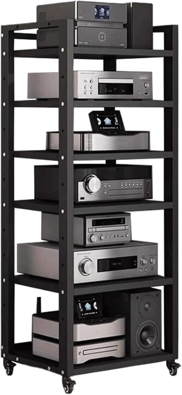 Audio Rack Movable Stereo Rack Adjustable Audio Equipment Rack Audio Open AV Stand Wooden with Wheels HiFi Rack Audio-Video Shelving(Nero,6Tier)