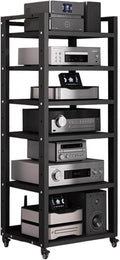 Audio Rack Movable Stereo Rack Adjustable Audio Equipment Rack Audio Open AV Stand Wooden with Wheels HiFi Rack Audio-Video Shelving(Nero,6Tier)