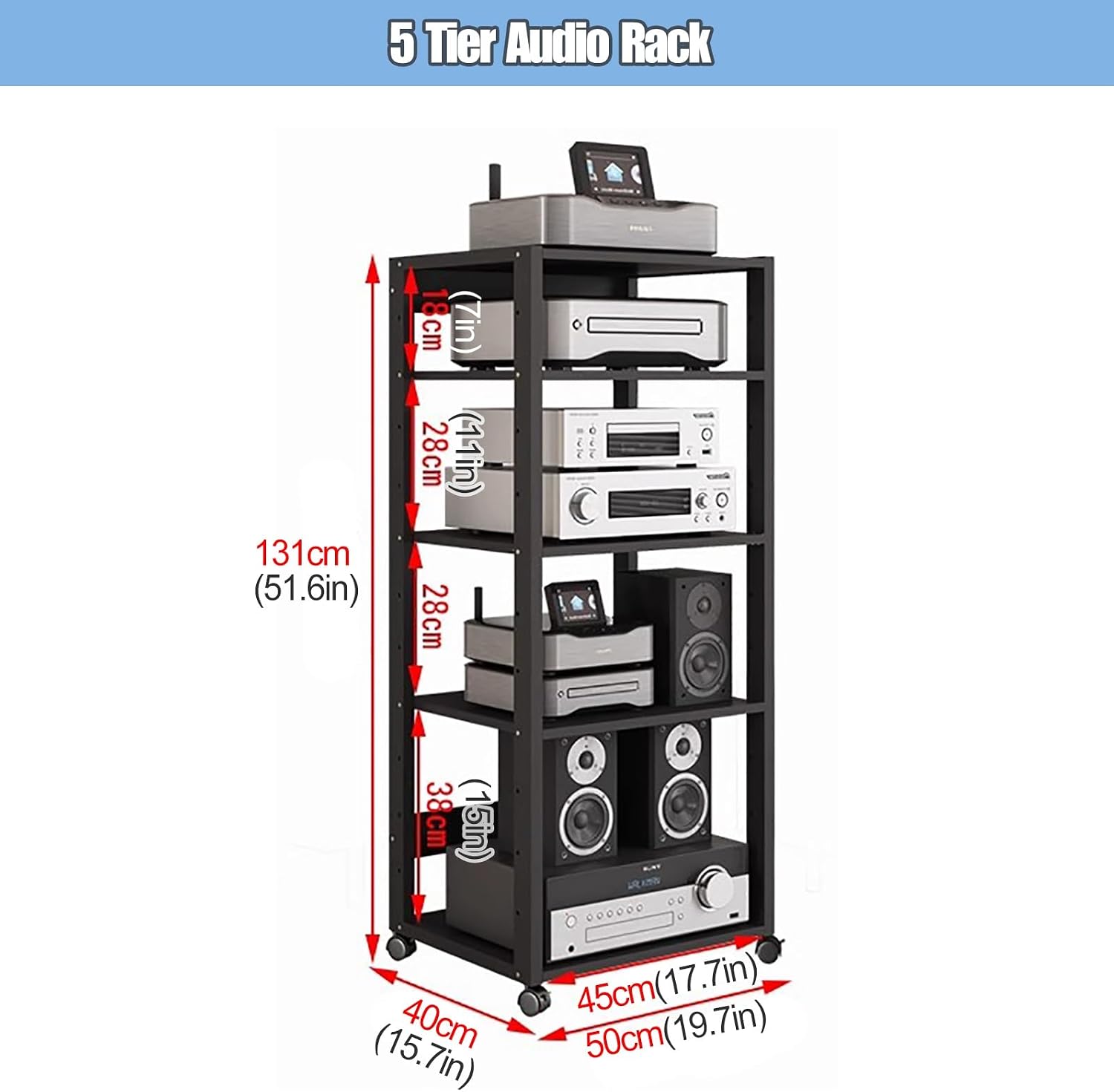 YLLFFLL 131cm Tall Mobile Stereo Racks and Stands on Wheels Heavy Duty Audio Equipment Rack Cart with Height-Adjustable Shelf, Entertainment Stereo Components Av Media Stand(5 Tier)