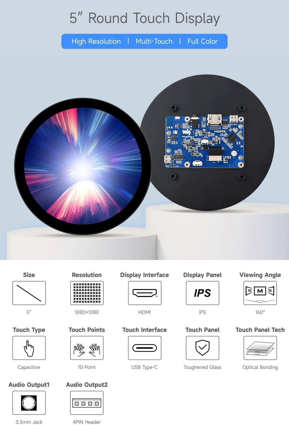 waveshare 5inch HDMI Round Touch Display, 1080 × 1080 Resolution, IPS, 10-Point Touch, Compatible with Raspberry Pi 5/4B/3B/Zero/Zero W/Zero 2W/Pico/Pico W/Pico WH