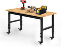 Betterhood 48' Heavy-Duty Adjustable Workbench for Garage, Rubber Wood Shop Table W/Metal Wheels, Hardwood Workstation Weight Capacity Over 2000 Lbs with Wheels