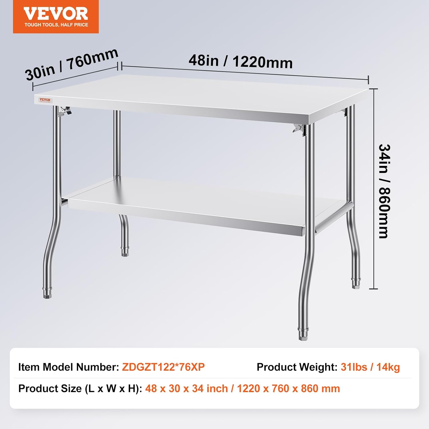 VEVOR Stainless Steel Foldable Work Table, 30 * 48 Inch Heavy Duty Food Outdoor Double Layer Stainless Steel Worktable for Commercial Kitchen Restaurant