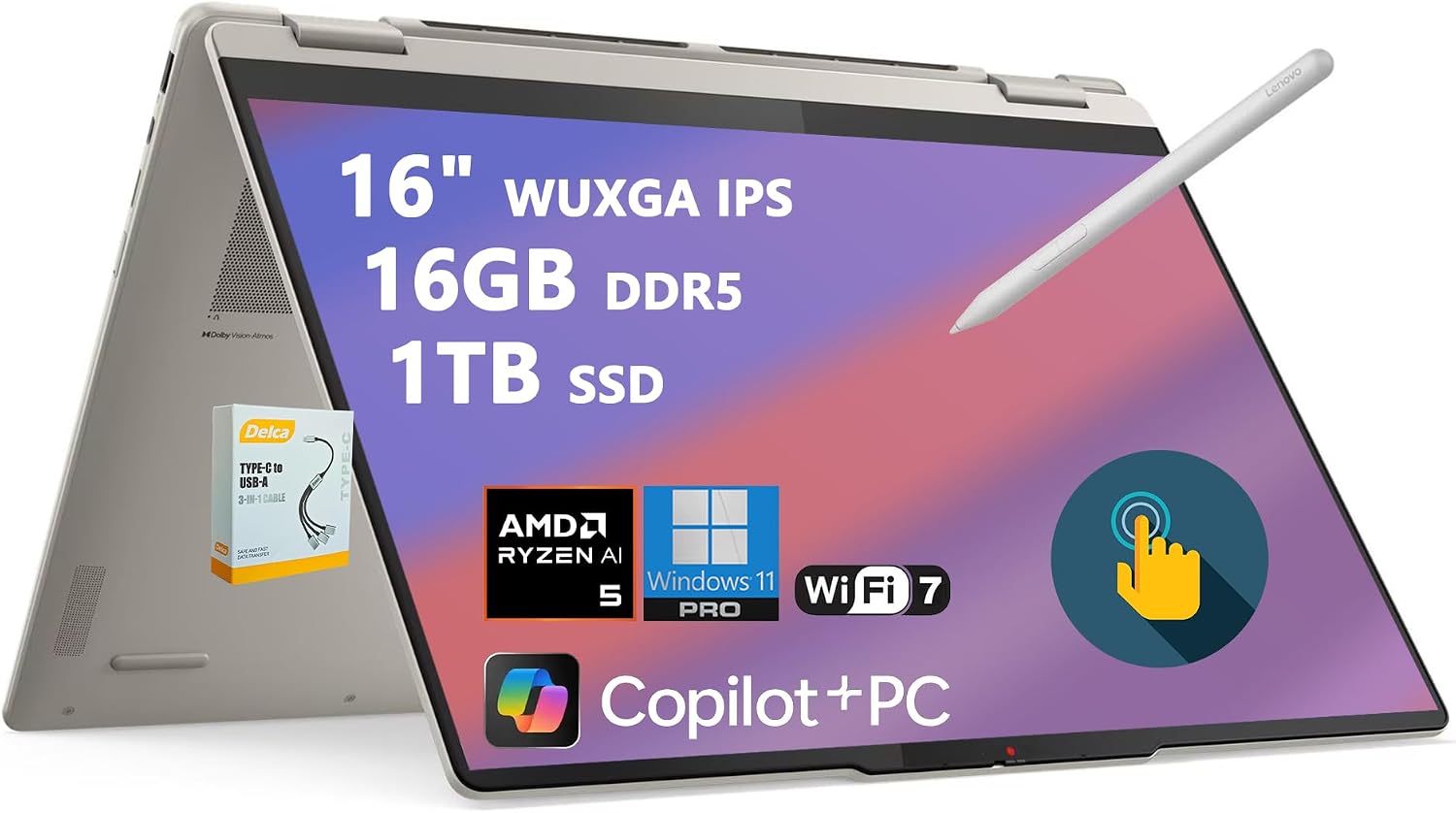 Lenovo Yoga 7 2-in-1 AI PC Laptop | 16' WUXGA IPS Touch | AMD Ryzen AI 5 340 (Up to 50 Tops) | 16GB DDR5 1TB SSD | for Creator Business Professional Wi-Fi 7 Stylus Win11 Pro w/DLCA Accessory
