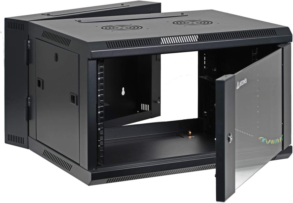 AEONS 6U Professional Wall Mount Server Cabinet Enclosure Double Section Hinged Swing Out 19-Inch Server Network Rack Locking Glass Door 22-Inches Deep Black (Fully Assembled)
