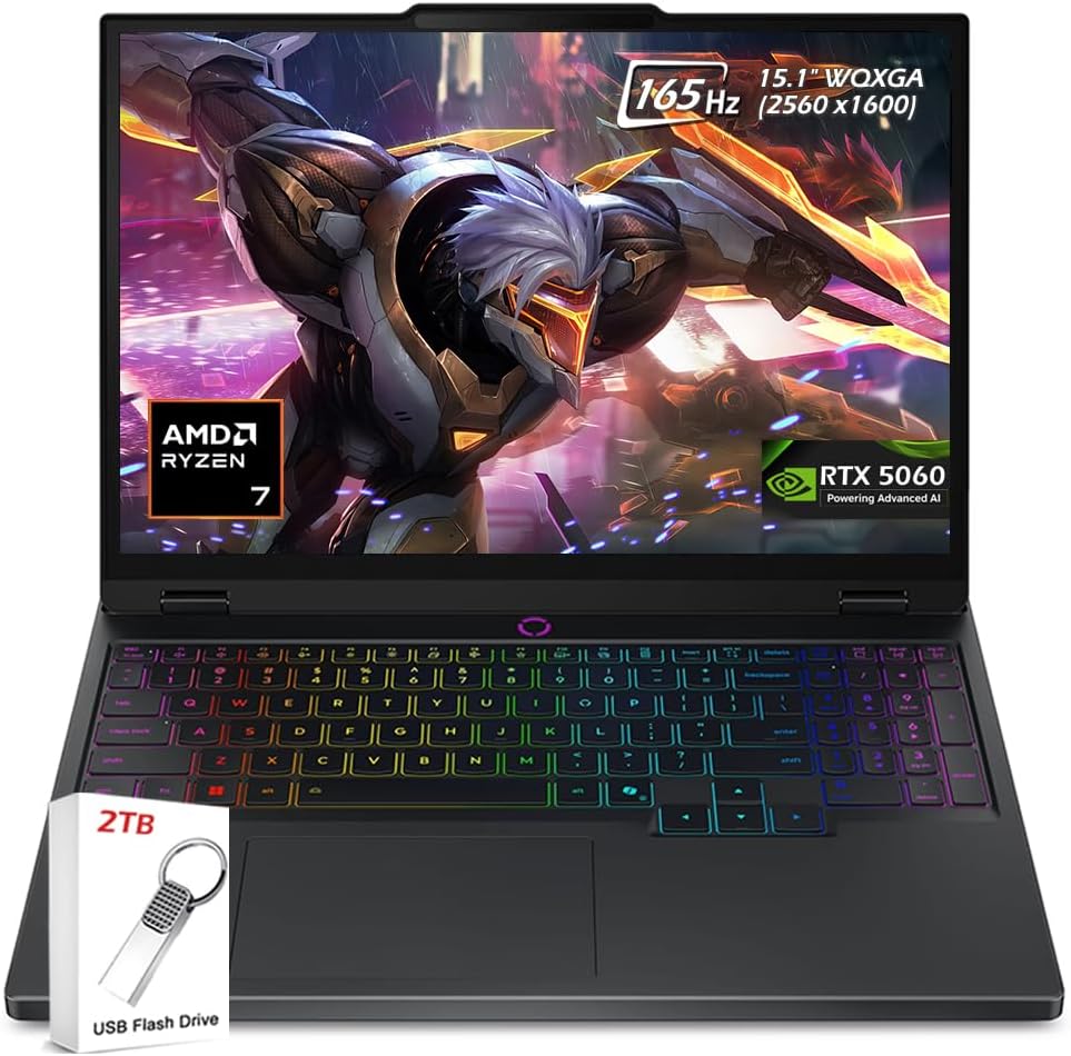 Lenovo Legion 5 15AHP10 Gaming Laptop,15.1 OLED WQXGA(2560 x 1600) 165Hz, AMD Ryzen 7 260, NVIDIA RTX 5060, 32GB DDR5 RAM 2TB SSD, Wi-Fi7, Backlit KB, Win11, Eclipse Black, 2TB Flash Drive, W/GaLiMu