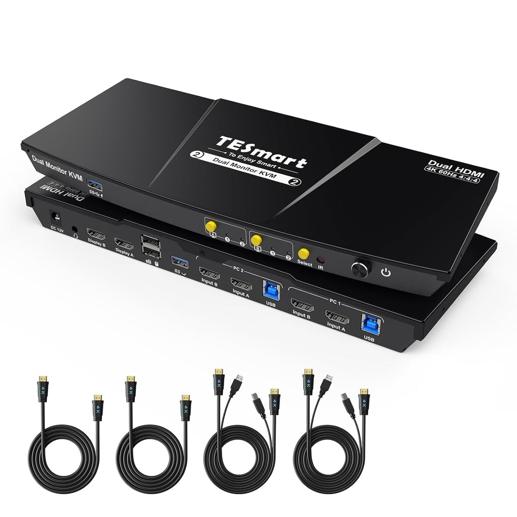TESmart USB 3.0 HDMI KVM Switch 2 Monitors 2 Computers 4K@60Hz, Dual Monitor KVM Switch HDMI 2 Port Extended Display, Audio&Microphone, EDID Emulators, Button Switch with Input Cables,Hotkey Switch