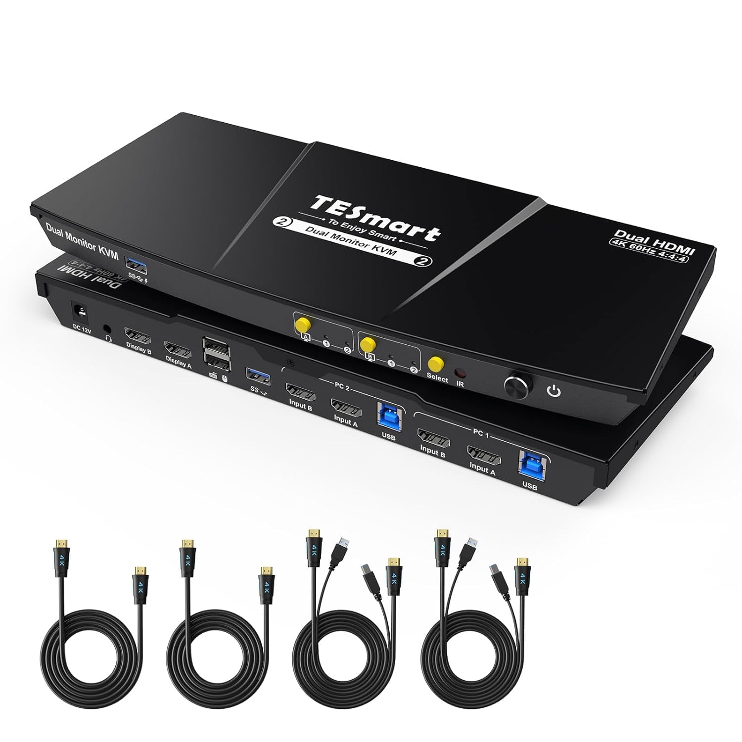 TESmart USB 3.0 HDMI KVM Switch 2 Monitors 2 Computers 4K@60Hz, Dual Monitor KVM Switch HDMI 2 Port Extended Display, Audio&Microphone, EDID Emulators, Button Switch with Input Cables,Hotkey Switch