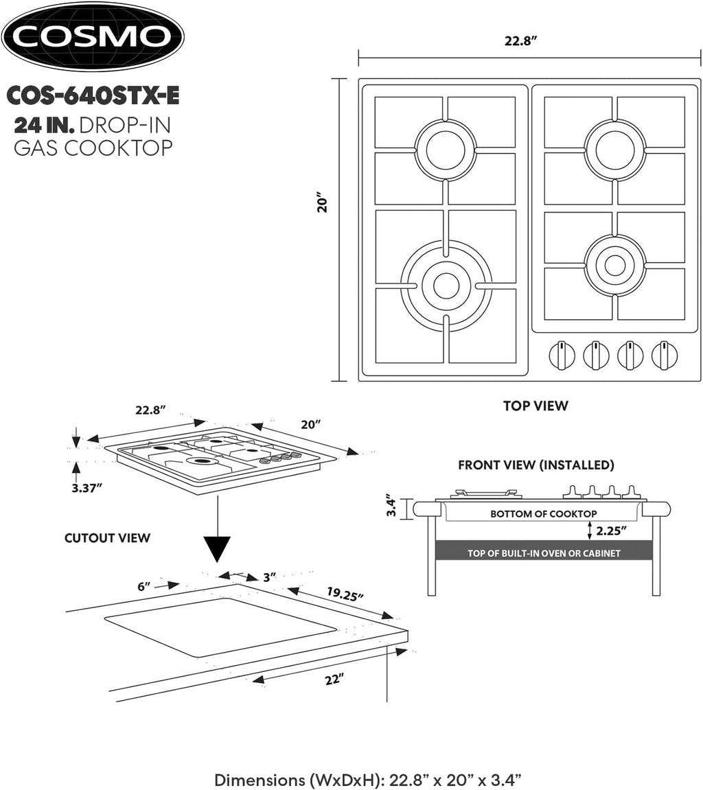 COSMO 640STX-E 24 in. Gas Cooktop with 4 Sealed Burners, Drop-In Counter-Top Cooker Cooktop with Cast Iron Grate and Melt-Proof Metal Knobs in Stainless Steel