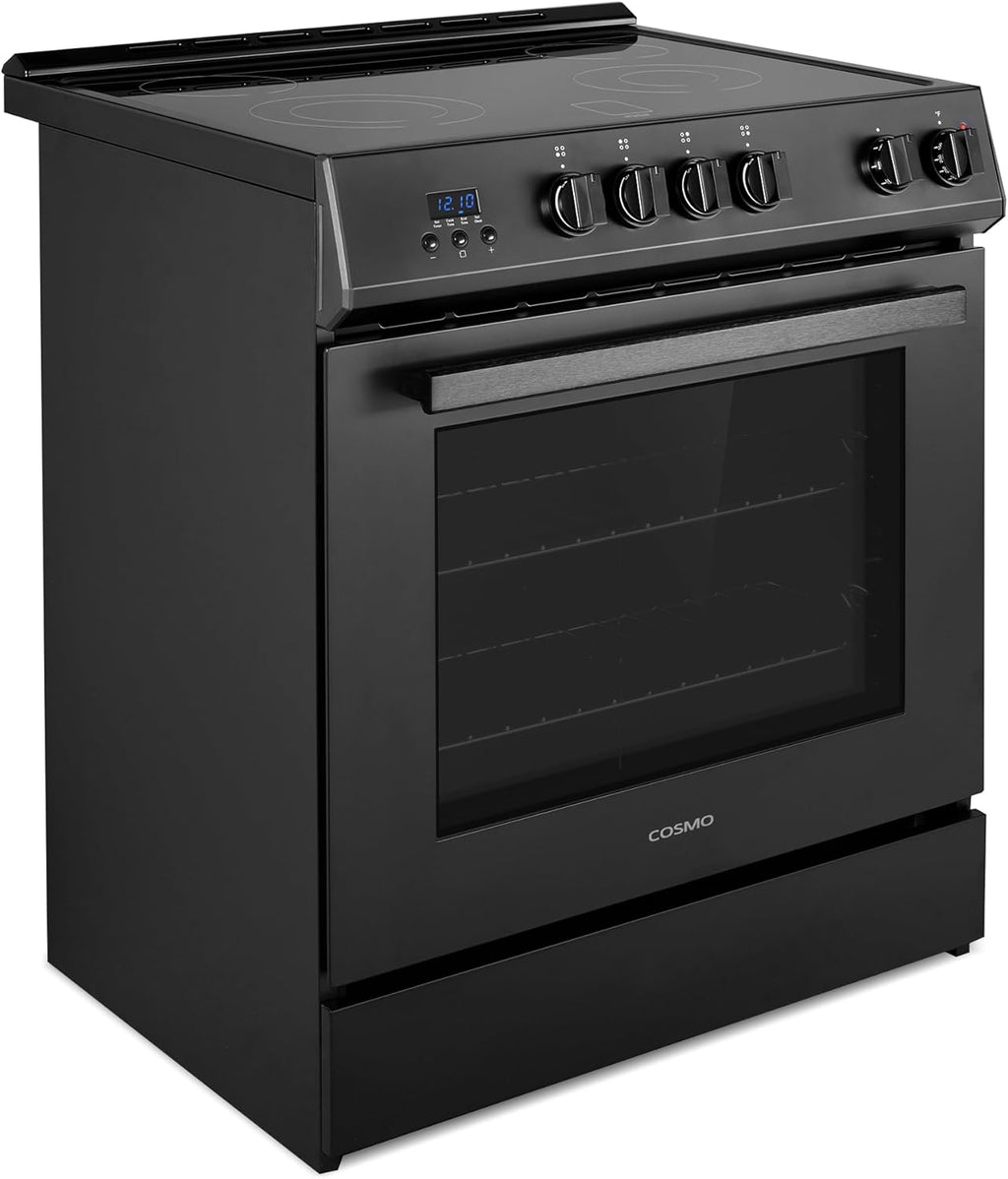 COSMO COS-ERD304K-BK 30 in. Stellar Collection 4.9 cu. ft. Electric Range with 4 Burner Glass Cooktop and Convection Oven in Matte Black