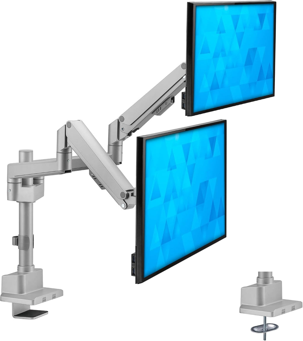 Mount-It! Dual Monitor Mount - Monitor Stands for 2 Monitors, Computer Arms on Desk Stand, Gas Spring Height Adjustable Desk Mount in Silver, VESA 75, 100 Fits Screens Up to 32', Silver Color
