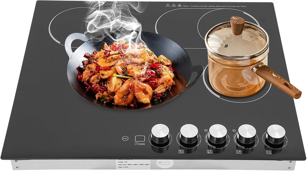 4 Burners Electric Cooktop, 24 Inch 3400W Electric Ceramic Cooktop Built-in Electric Stove Top with 5 Heating Levels, Kid Safety Lock and Timer, 110V for Hard Wire (No Plug)