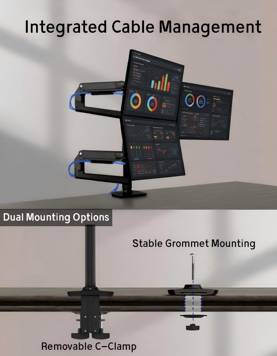 Ergounion Heavy Duty Triple Monitor Mount, Mechanical Spring 3 Monitor Arm Fits Three 13-40 Inch Screens (25 lbs/Arm), Fully Articulating VESA Desk Stand (C-Clamp/Grommet), Premium Aluminum, Black