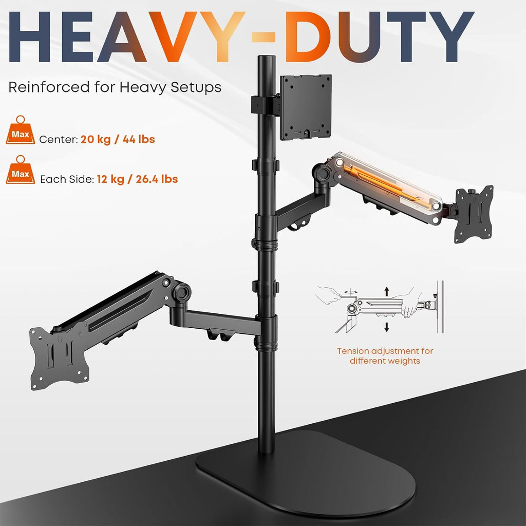 Triple Monitor Stand Up to 49 inches,Fully Adjustable Triple Monitor Mount with Gas Spring,Free Standing 3 Monitor Desk Stand Mount with Base and Cable Management,Holds 44 lbs,Black