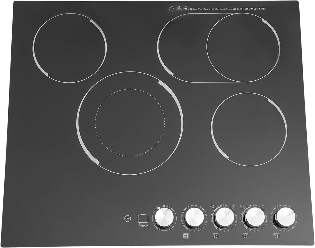 110V 3400W Electric Ceramic Cooktop,4 Burners Built-in Stovetop with Knob Control,Safety Lock,0-90' Timer, 5 Gears Firepower, 23.6in Countertop Electric Hot Plate without Plug