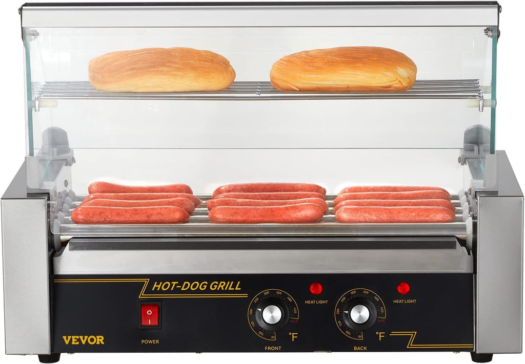 VEVOR Hot Dog Roller 5 Rollers 12 Hot Dogs Capacity, 750W Stainless Sausage Grill Cooker Machine with Dual Temp Control Glass Hood Acrylic Cover Bun Warmer Shelf Removable Oil Drip Tray ETL Certified