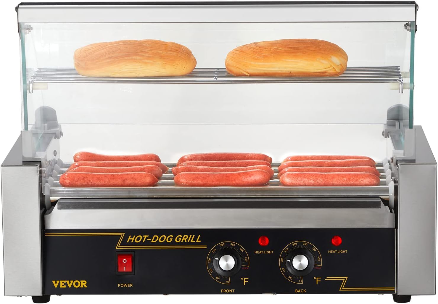 VEVOR Hot Dog Roller 5 Rollers 12 Hot Dogs Capacity, 750W Stainless Sausage Grill Cooker Machine with Dual Temp Control Glass Hood Acrylic Cover Bun Warmer Shelf Removable Oil Drip Tray ETL Certified