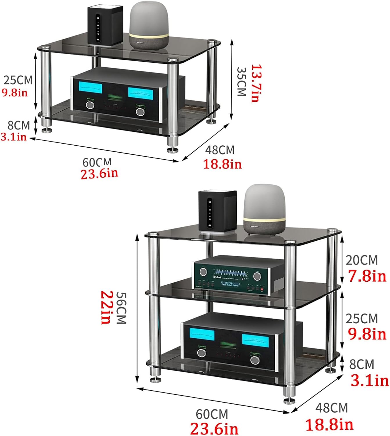 Multi-Layer Audio Rack & AV Media Stand with Tempered Glass, Stereo Storage Cabinet, Open Storage for TV & Media, Brown Finish (23.6x13.7/60x35cm)
