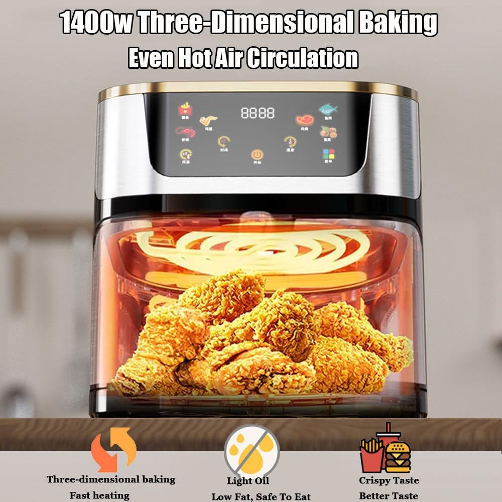 10lL Stainless Steel Visual Air Fryer, 1400w Smart Oven With Digital Touch Screen Oil-Free Fryer, 8 Cooking Presets Timing And Temperature Adjustable Easy To Clean For Family And Party