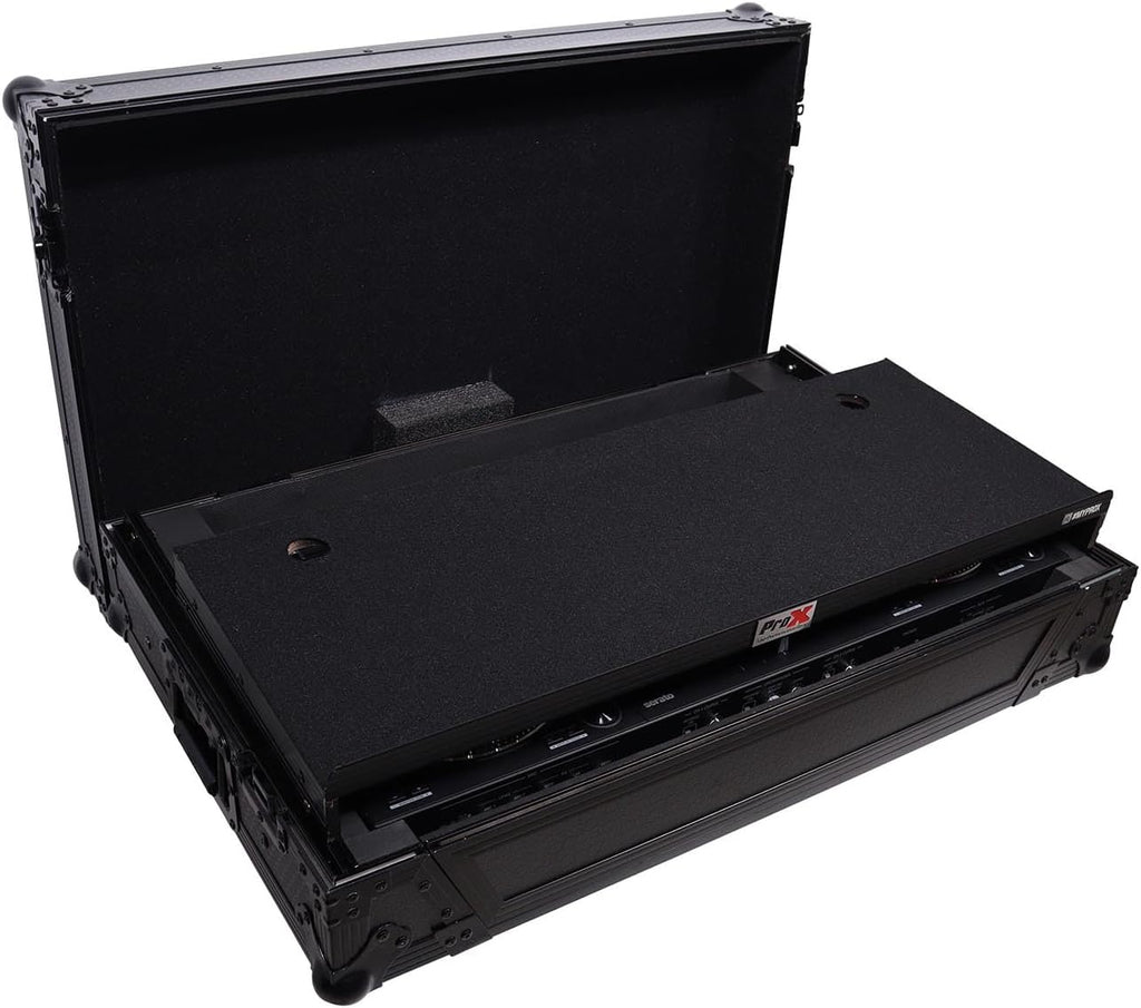 ProX XS-DDJFLX10WLTBL ATA Flight Style Road Case For Pioneer DDJ-FLX10 DJ Controller with Laptop Shelf 1U Rack Space Wheels and LED Black Finish