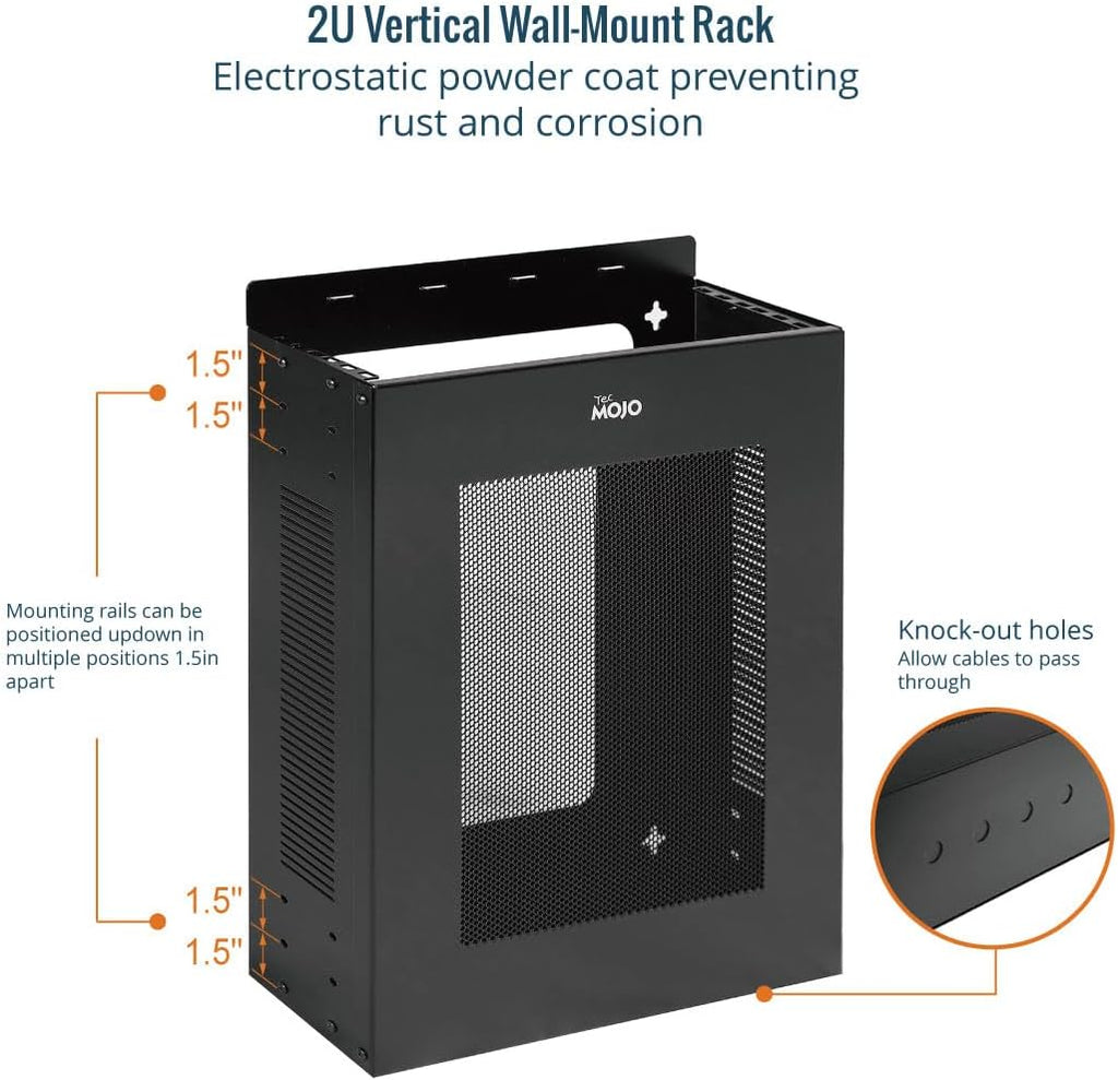 Tecmojo 2U Vertical/Horizontal Wall Mountable Server Rack, with Vented Enclosure for 19' IT Equipment, Cable Modems, Telecom, A/V, Black