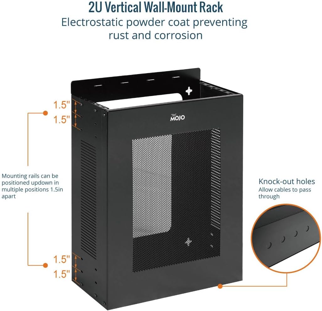 Tecmojo 2U Vertical/Horizontal Wall Mountable Server Rack, with Vented Enclosure for 19' IT Equipment, Cable Modems, Telecom, A/V, Black