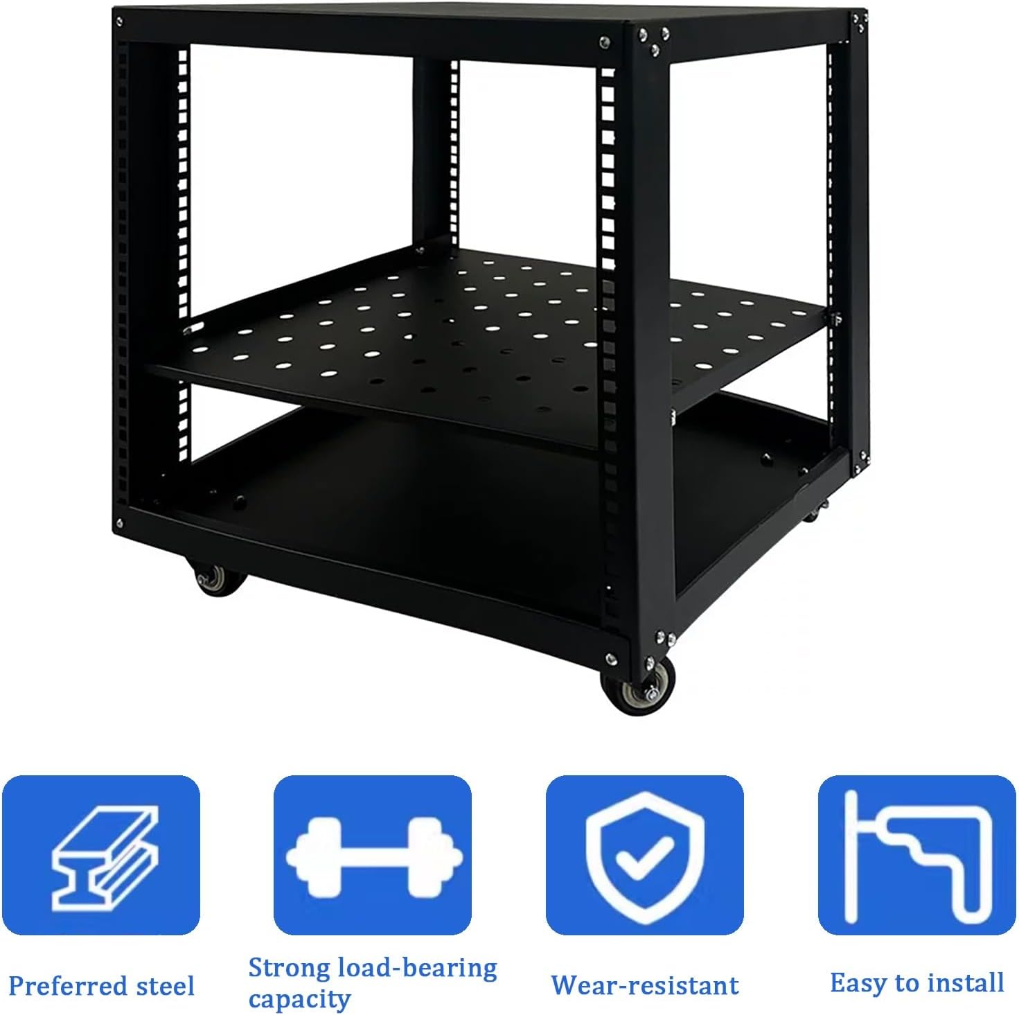 Adjustable Steel Audio Rack with Wheels, Movable Media Stand & Storage Cabinet, Black Entertainment Center, Height-Adjustable Shelves for AV & Video Equipment (50x45x59.4cm)
