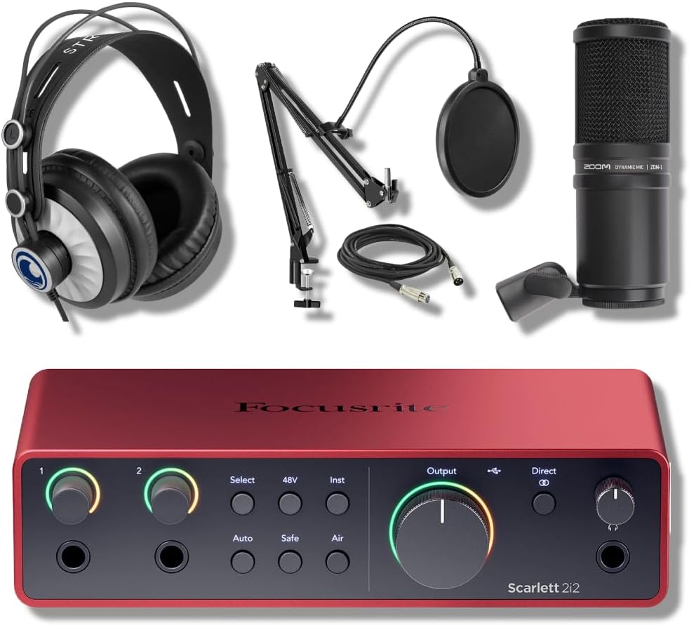 Focusrite Scarlett 2i2 4G with Zoom ZDM-1 Dynamic Podcast and Vocal Microphone, StreamEye Cans50 Studio Headphones and Microphone Boom Arm, XLR Cable and Pop Filter Bundle