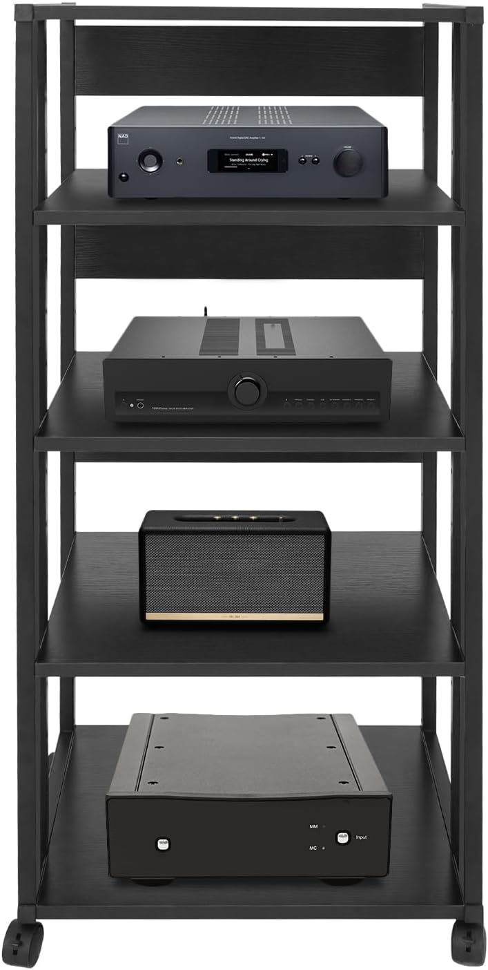 5 Tier AV Media Stand, Rolling Audio Rack Tower, CD Record Player Stereo Receiver AV Equipment Cabinet Display Rack with Wheels, Adjustable Shelves for Home Theater Office Load 110 lbs