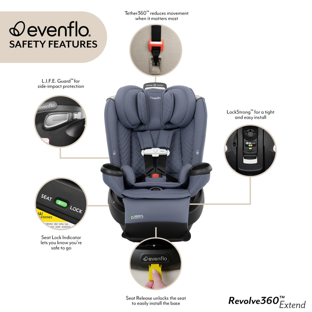 Evenflo Revolve360 Extend All-in-One Rotating Car Seat with Green & Gentle Fabric (Travertine)