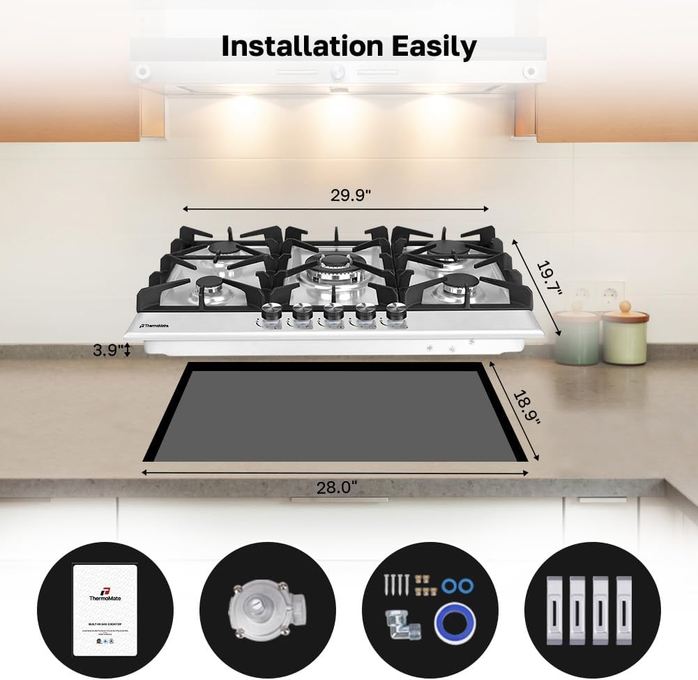 ThermoMate Light 30 Inch Gas Cooktop, Built In Gas Rangetop with 5 High Efficiency Burners, NG/LPG Convertible Stainless Steel Gas Stove Top with Thermocouple Protection, 120V AC