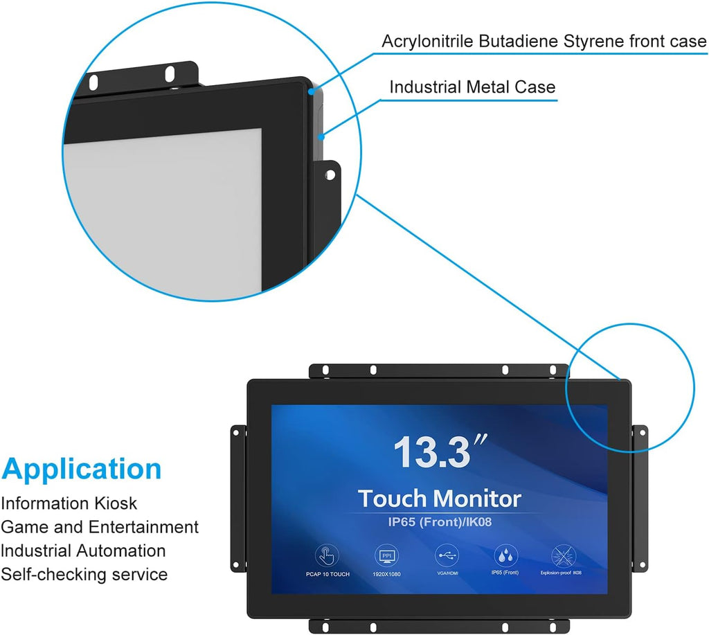 GreenTouch 13.3 Inch 10 Points Open Frame Touch Display, Industrial PCAP Touchscreen Monitor, VGA+HDMI+DVI Port - 16:9