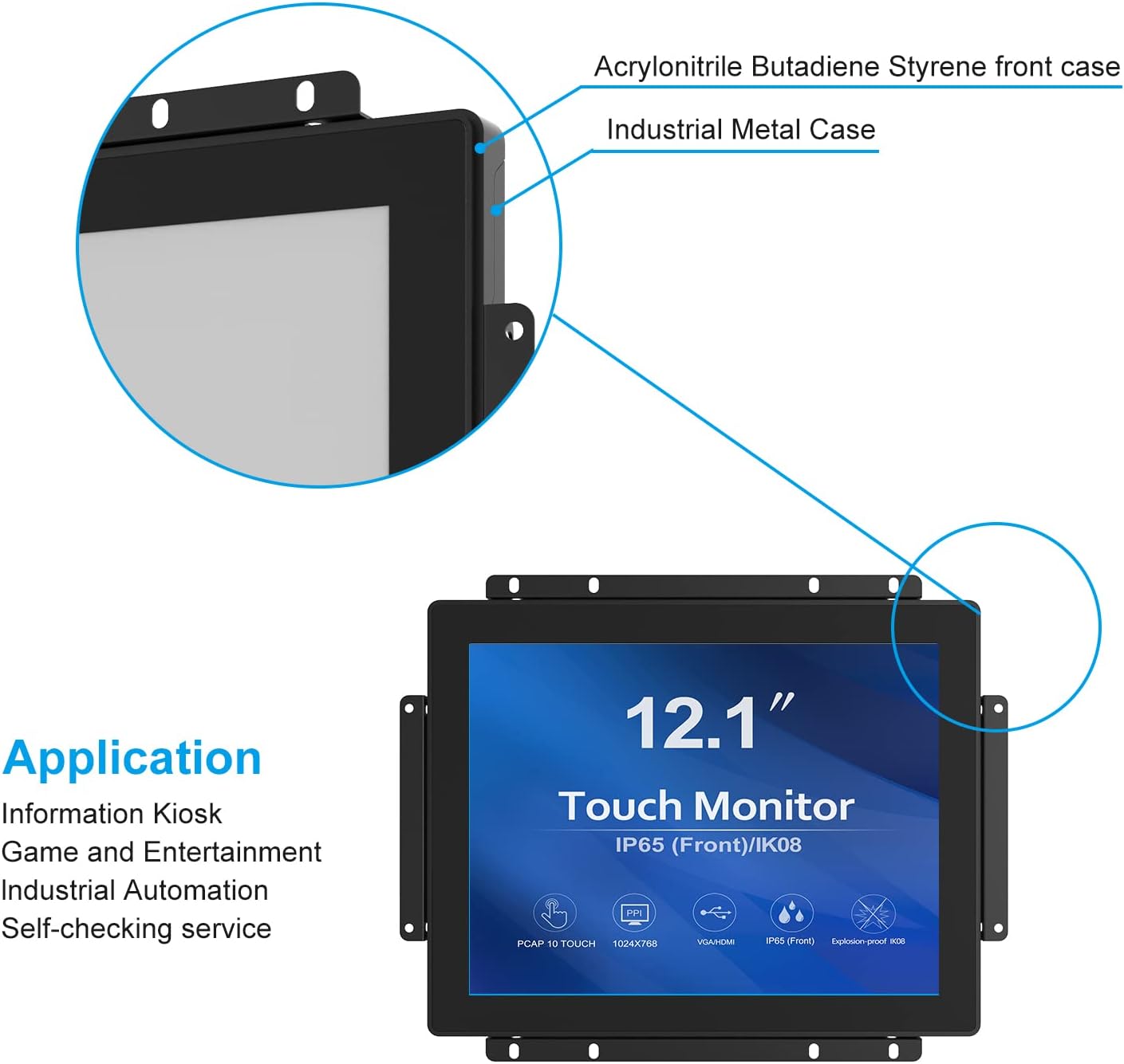 GreenTouch 12.1 inch 10 Points Touch Front IK08/IP65 Open Frame Touch Monitor Desktop or Wall Mountable Multi Point Touch 1024x768