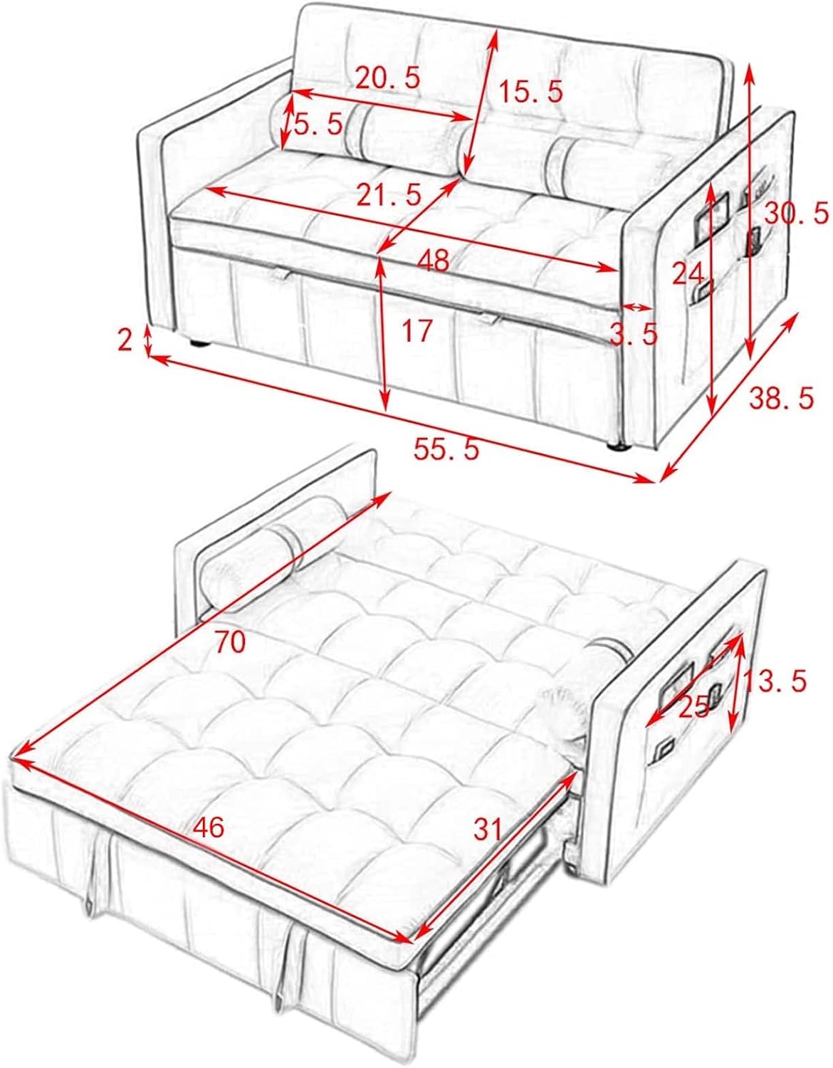 3 in 1 Sleeper Sofa Couch Bed, Small Tufted Velvet Convertible Loveseat Futon Sofa w/Pullout Bed, Adjustable Backrest, Cylinder Pillows for Living Room Apartment, Easy to Assemble, Beige, 55.5'