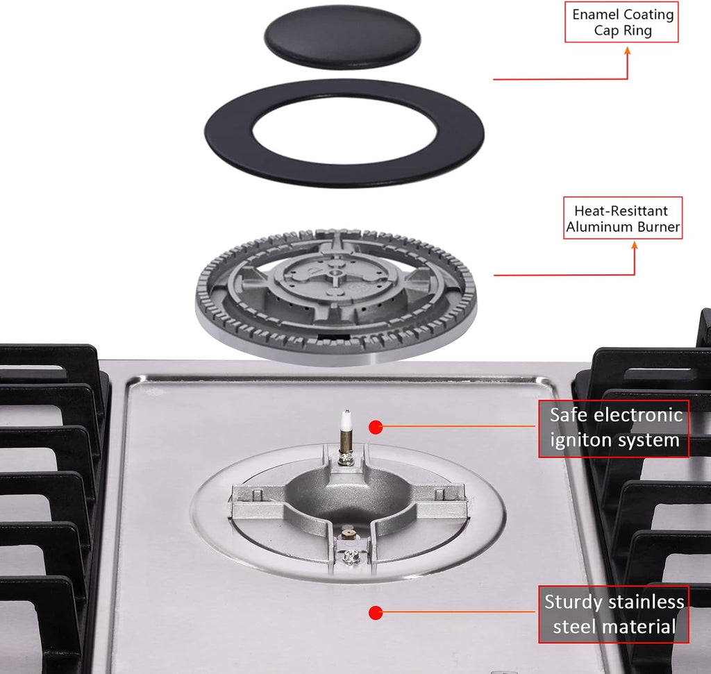 Gas Cooktop 30 Inch, 5 High Efficiency Burners Gas Stovetop Stainless Steel Built-in Gas Stove Top Propane/Natural Gas Convertible Gas Hob