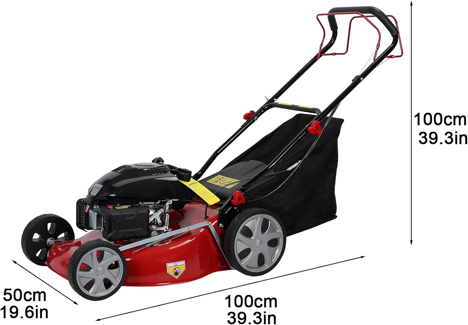 Self Propelled Gas Lawn Mower,20 Inch Lawn Machine Adjustable Length 141cc Gas Engine Mower Ergonomic Handle 2850rpm Walk Behind Mower with 50L Grass Tank High Rear Wheel for Lawn Care Red