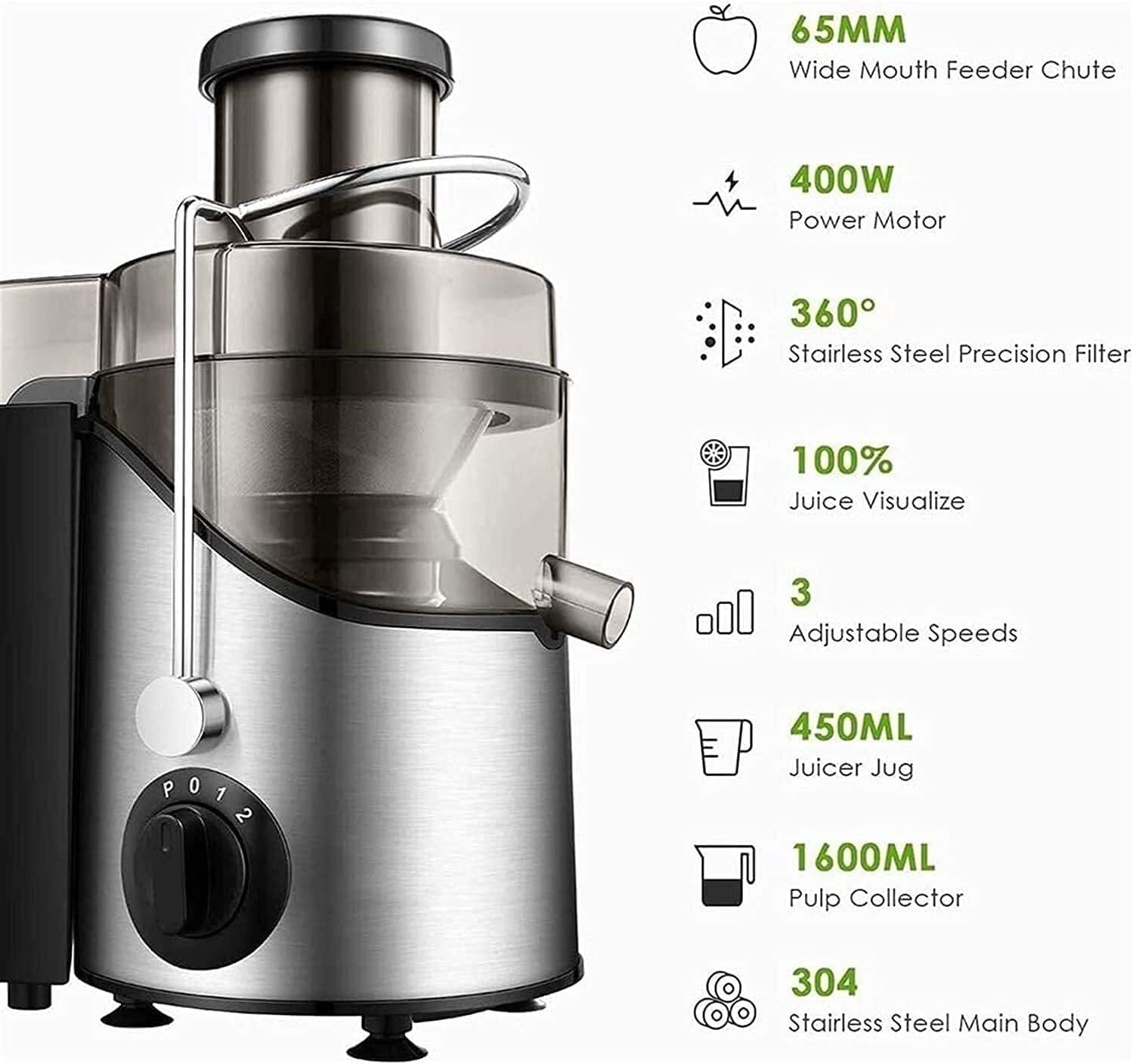 400W Juicer Extractor with Wide Mouth 3' Feed Chute for Fruit Vegetable, Easy to Clean, Stainless Steel