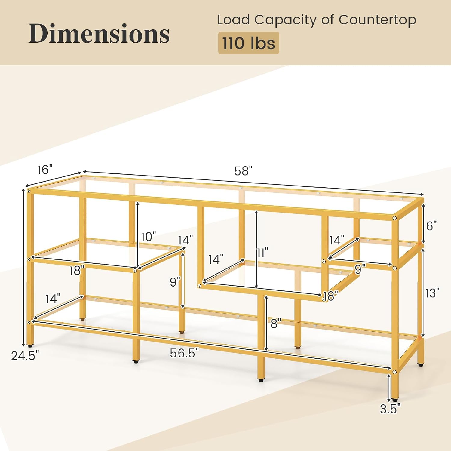 Tangkula Gold TV Stand for TVs up to 65', 58' TV Console Table with Tempered Glass Shelves & Golden Metal Frame, Modern Media Entertainment Center for Living Room & Entryway, Gold (58', Rectangular)