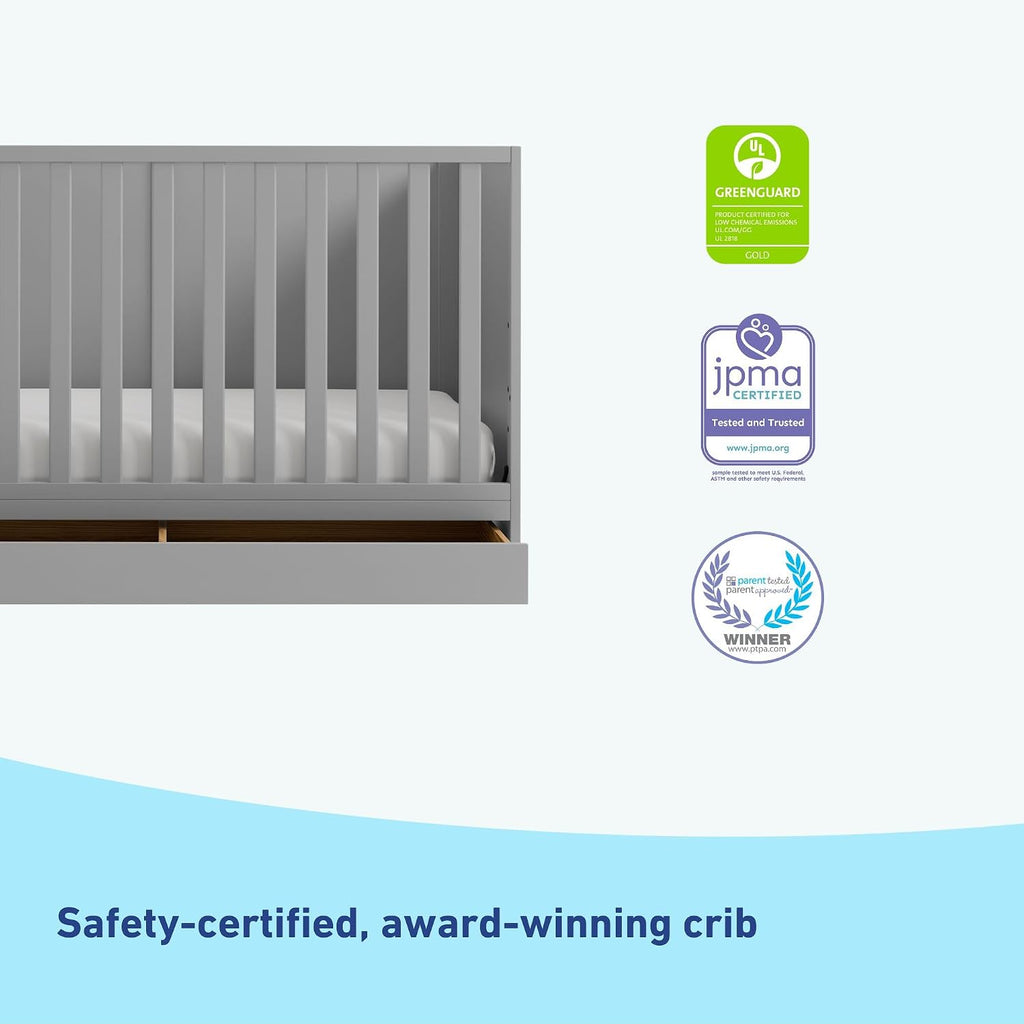 Graco Theo 3-in-1 Convertible Crib with Storage Drawer – GREENGUARD Gold Certified Baby Crib Crafted from Wood, Converts to Toddler Bed, Daybed, and Full-Size Bed (Pebble Gray)