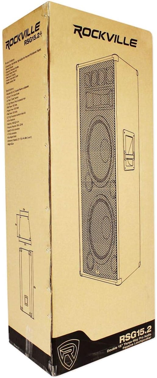 Rockville RSG15.24 Dual 15' 3000W 3-Way Passive Pro Audio Speaker, 4-Ohm, High-Efficiency Piezo Horn, 3 Bullet Tweeters, Wide Dispersion, Durable Build, for DJs and Live Events