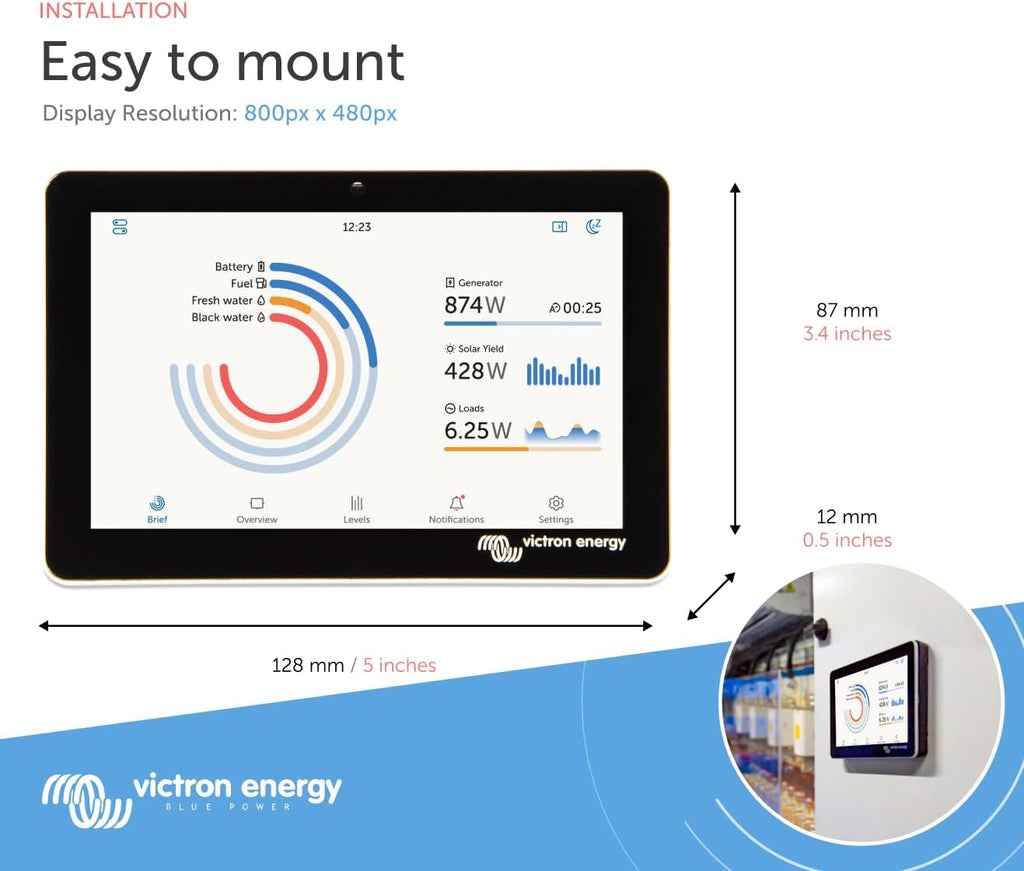 Victron Energy GX Touch 50 Display Screen - Waterproof 5-Inch Touchscreen for Cerbo GX for System Monitoring and Control - Easy Dashboard Mounting with Bolted Installation - HDMI Cable Included