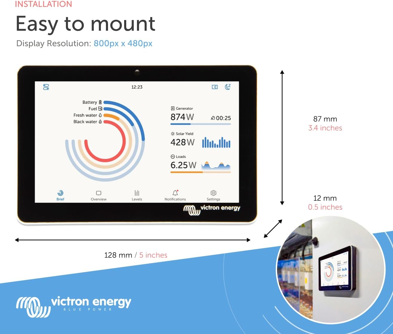 Victron Energy GX Touch 50 Display Screen - Waterproof 5-Inch Touchscreen for Cerbo GX for System Monitoring and Control - Easy Dashboard Mounting with Bolted Installation - HDMI Cable Included