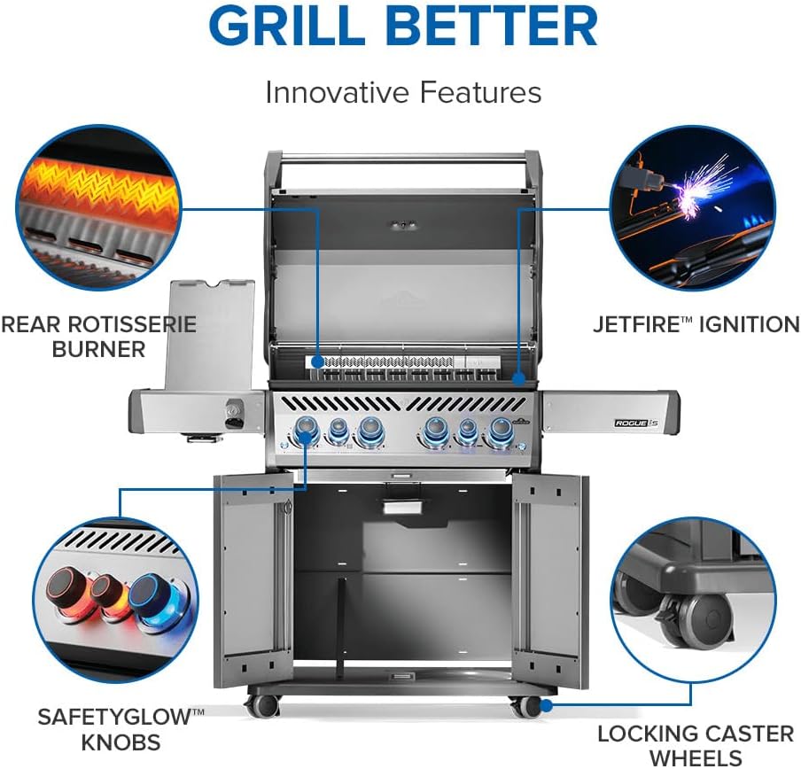 Napoleon Rogue PRO-S 525 Natural Gas Grill with Infrared Side and Rear Burners, Stainless Steel, Durable 6-Burner Cooking Surface