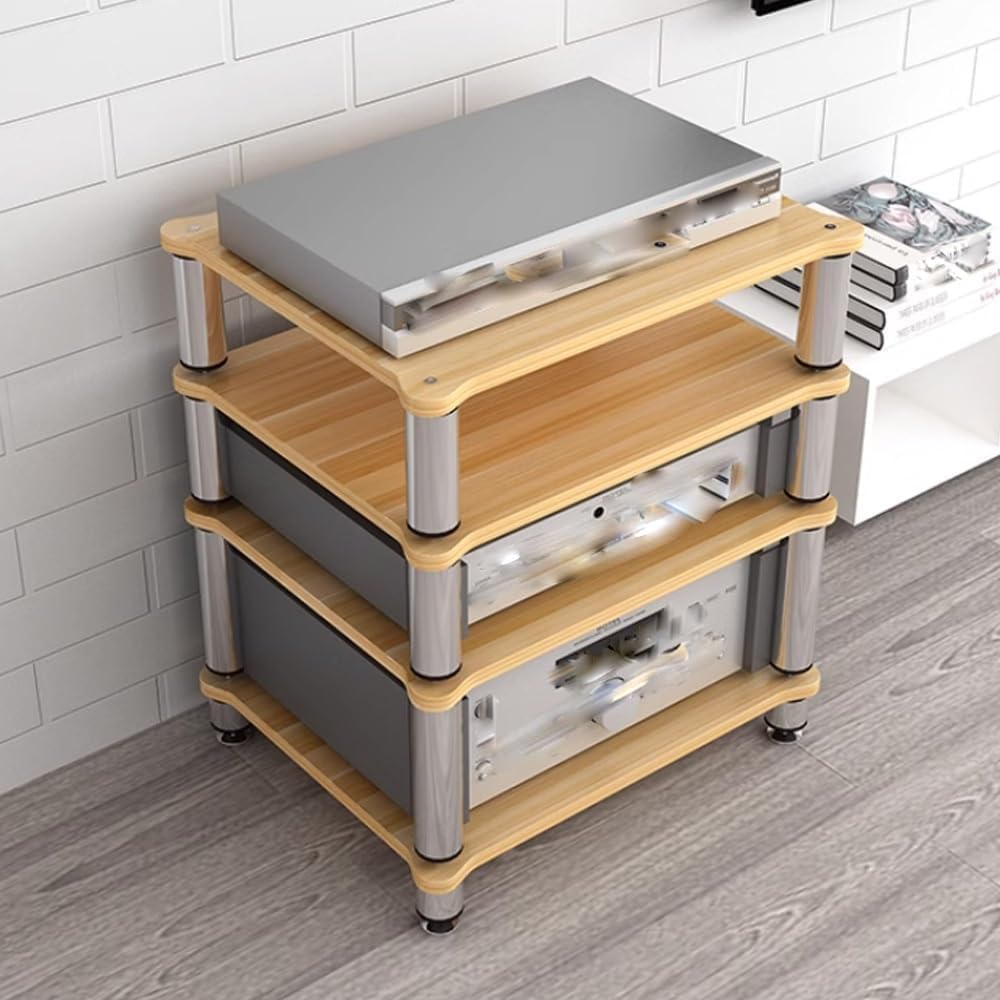 HiFi Rack 3 Tier AV Media Stand Wood Shelf, Record Player Stand Stereo Cabinet, Audio Tower, Media Console Storage Shelf, Audio Video Components (Black, 4-Tier(60x48x80cm))
