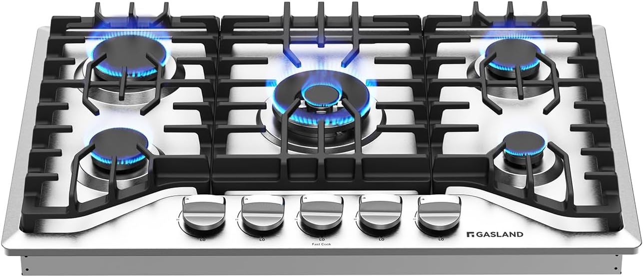 GASLAND 30 Inch Gas Cooktop, PRO GH2305SF 5 Burner Propane Stovetop, Built-in NG/LPG Convertible Cooktops, Gas Countertop Plug-in with Thermocouple Protection, Stainless Steel